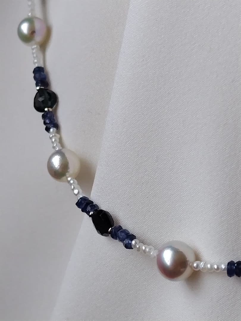 アコヤ真珠、あこや砂ケシパール、 サファイア の、オメガ風 ネックレス