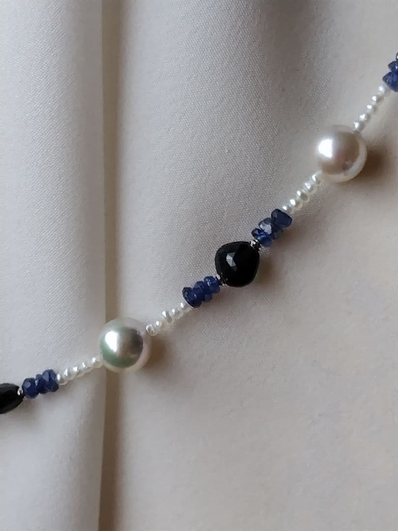 アコヤ真珠、あこや砂ケシパール、 サファイア の、オメガ風 ネックレス