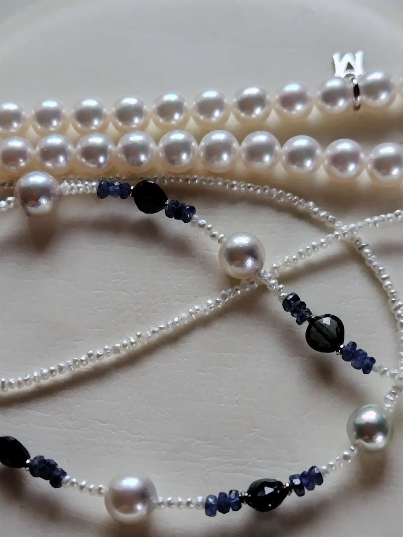 アコヤ真珠、あこや砂ケシパール、 サファイア の、オメガ風 ネックレス