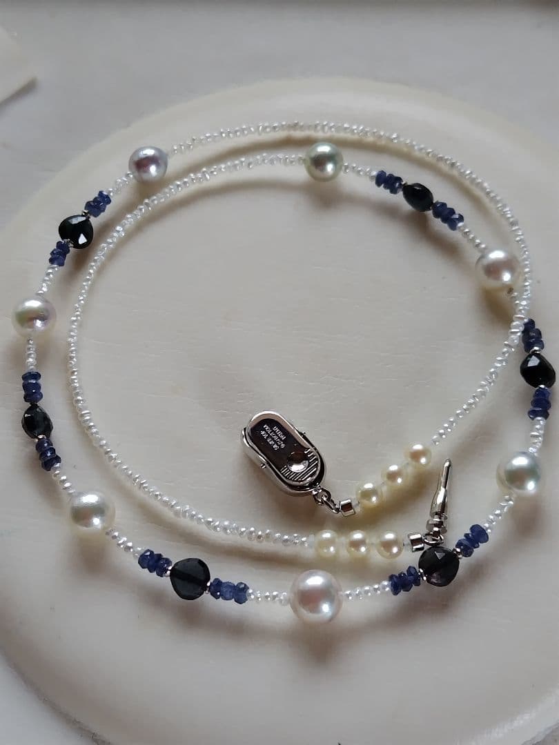 アコヤ真珠、あこや砂ケシパール、 サファイア の、オメガ風 ネックレス