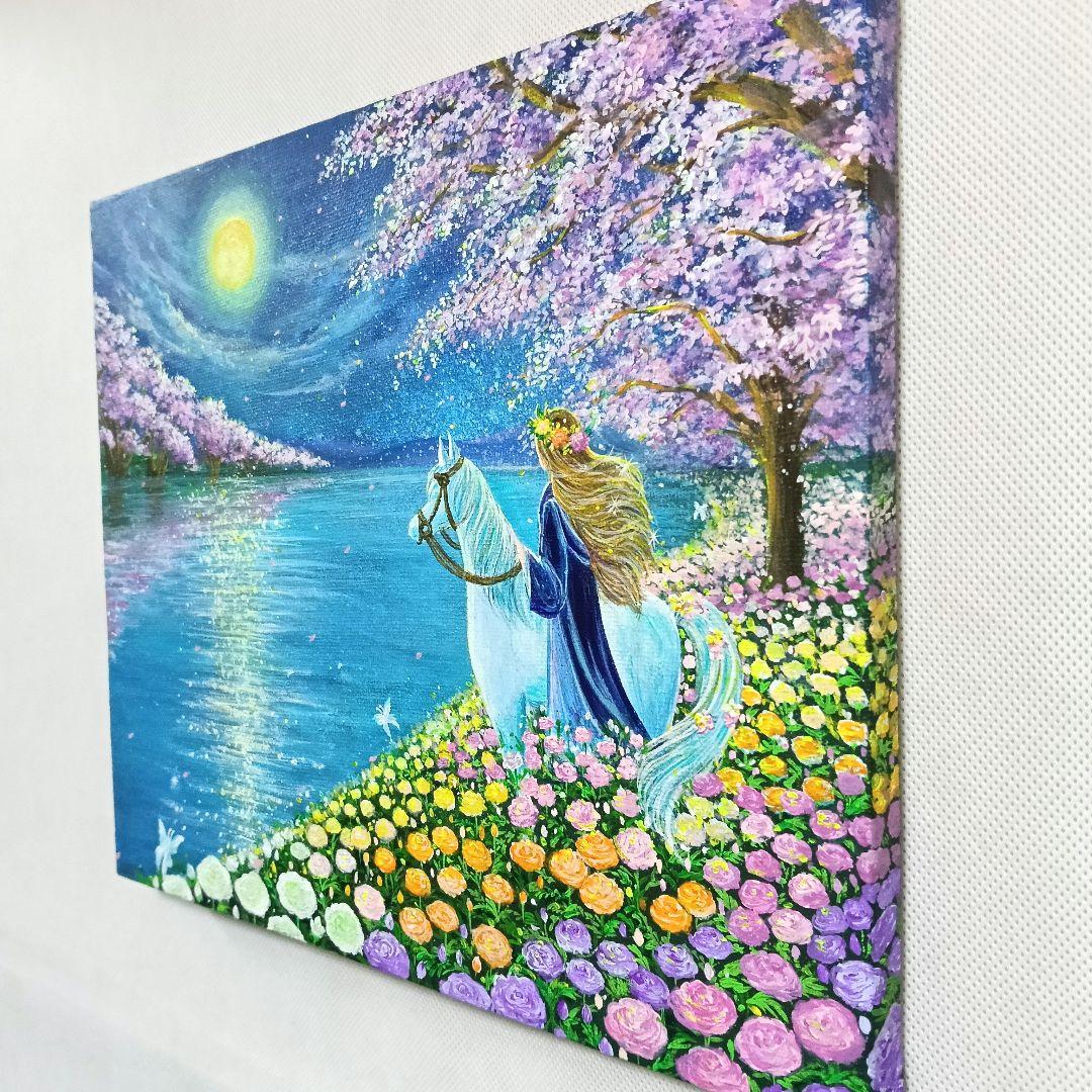 No.580 F3　エルフと白馬　ラナンキュラス　桜　風景画　アクリル画