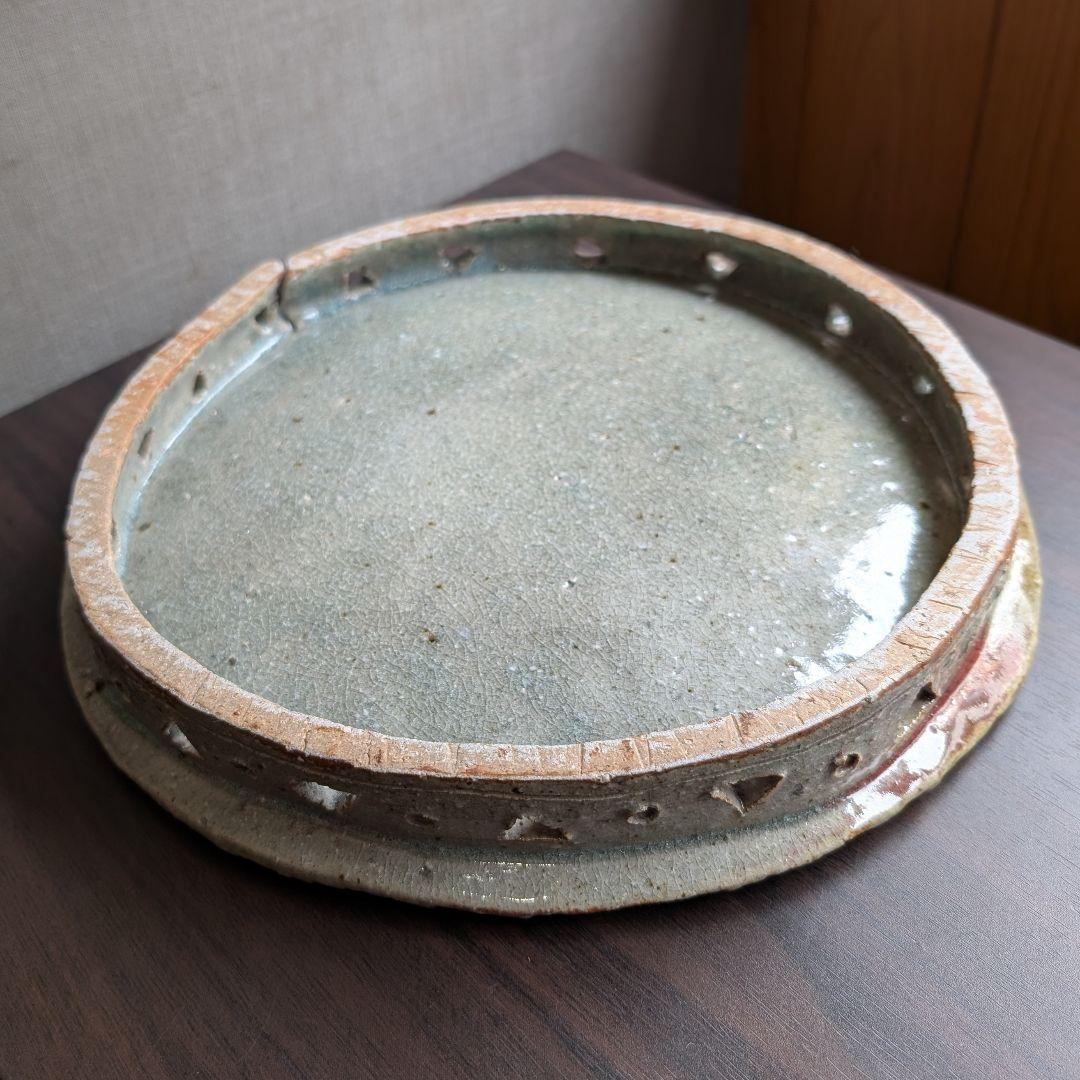 芝真路 作　大皿　平皿　高台・透かし彫り　径28cm　現代工芸　美品