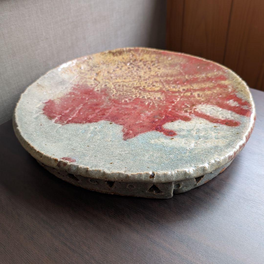 芝真路 作　大皿　平皿　高台・透かし彫り　径28cm　現代工芸　美品