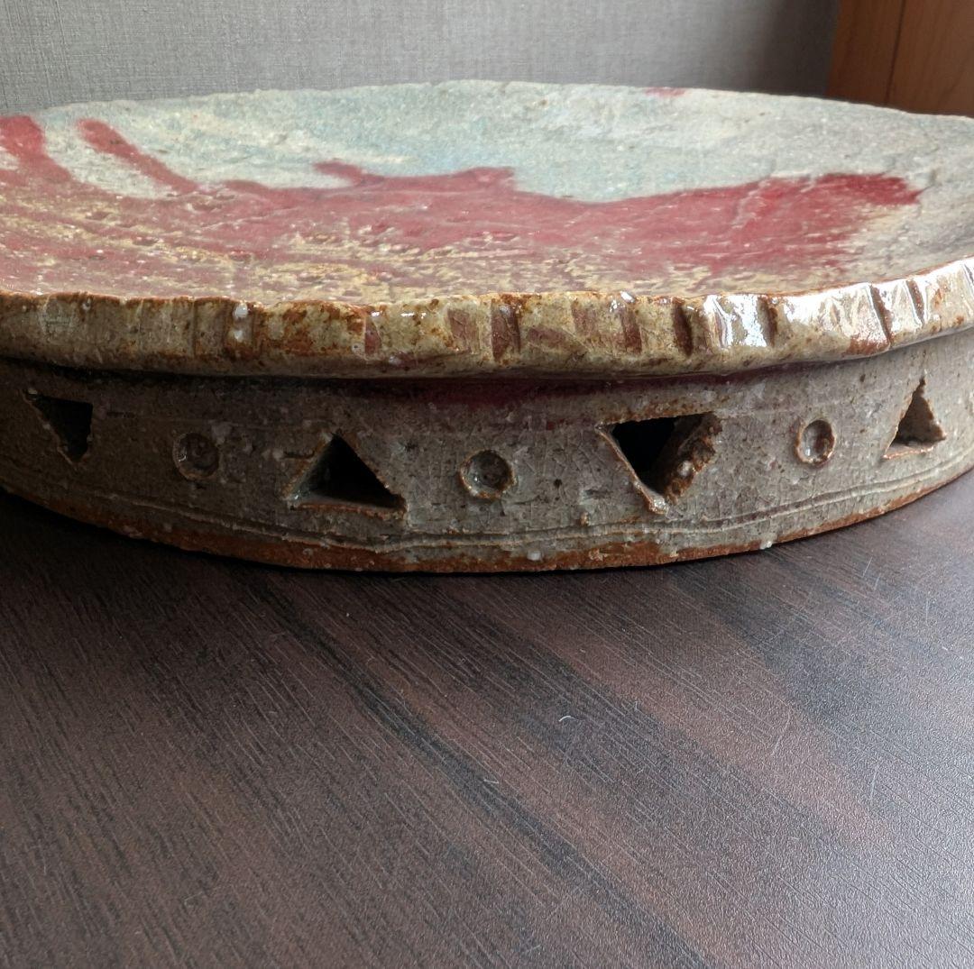 芝真路 作　大皿　平皿　高台・透かし彫り　径28cm　現代工芸　美品