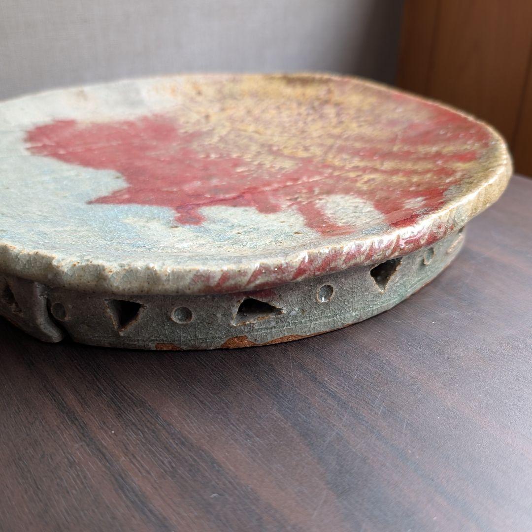 芝真路 作　大皿　平皿　高台・透かし彫り　径28cm　現代工芸　美品