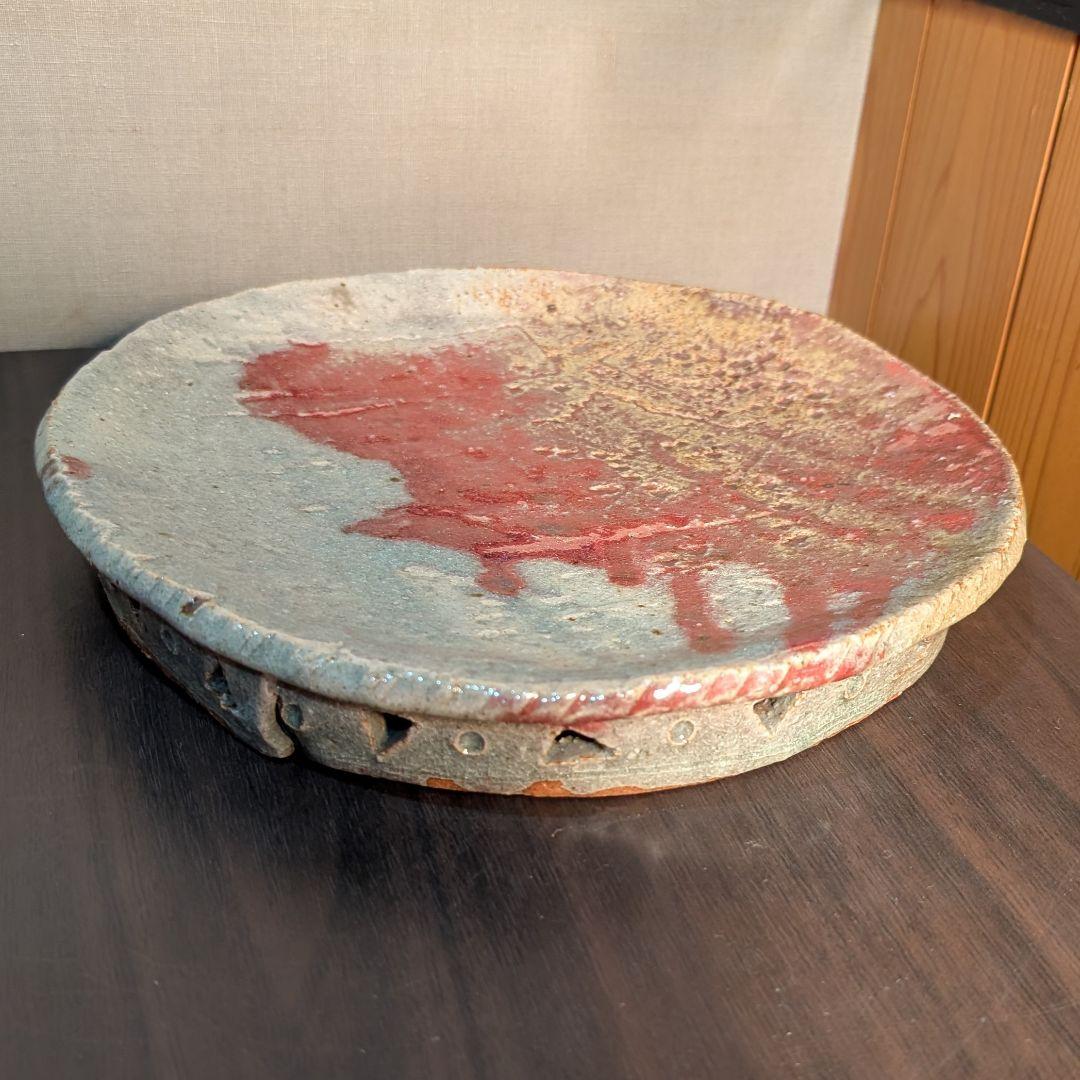 芝真路 作　大皿　平皿　高台・透かし彫り　径28cm　現代工芸　美品