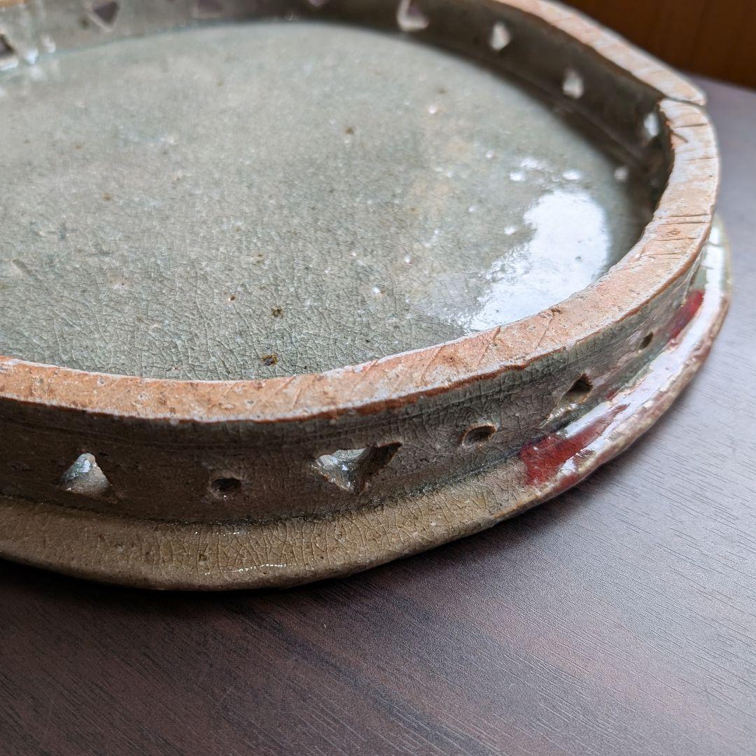 芝真路 作　大皿　平皿　高台・透かし彫り　径28cm　現代工芸　美品