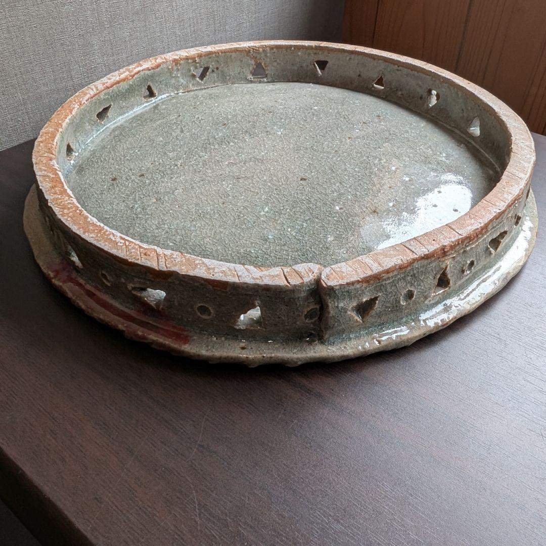 芝真路 作　大皿　平皿　高台・透かし彫り　径28cm　現代工芸　美品