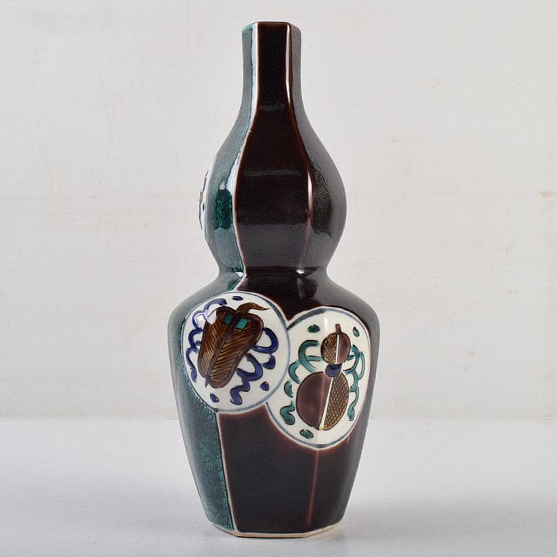 九谷焼　浅蔵五十吉　五十吉陶窯造　瓢形宝文　一輪花生　共布共箱　C　R9612