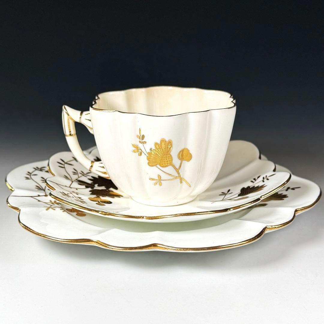 【19世紀】英国 アンティーク フォリー/シェリー 金彩 菊花装飾 トリオ