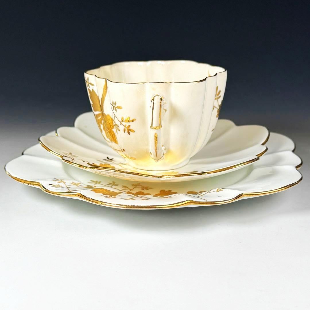 【19世紀】英国 アンティーク フォリー/シェリー 金彩 菊花装飾 トリオ