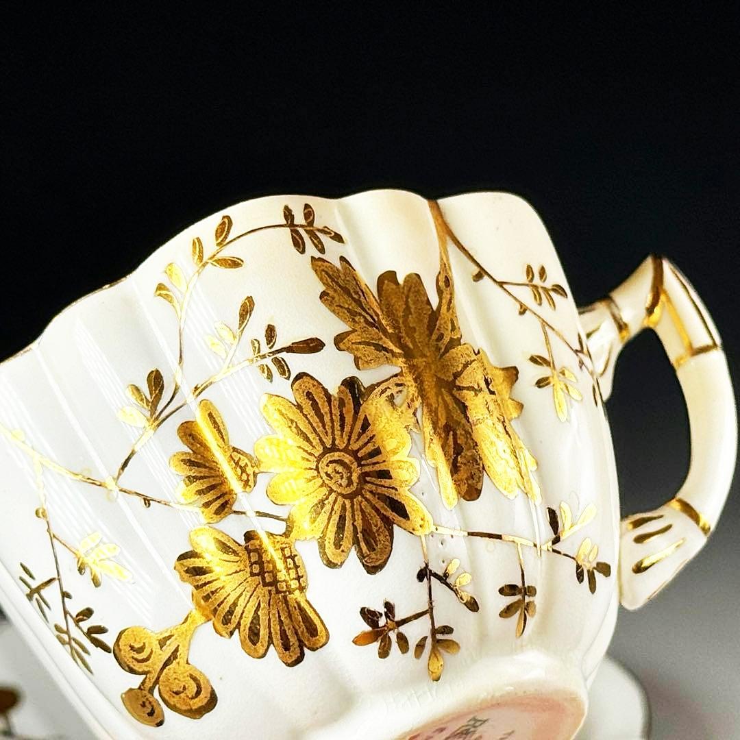 【19世紀】英国 アンティーク フォリー/シェリー 金彩 菊花装飾 トリオ