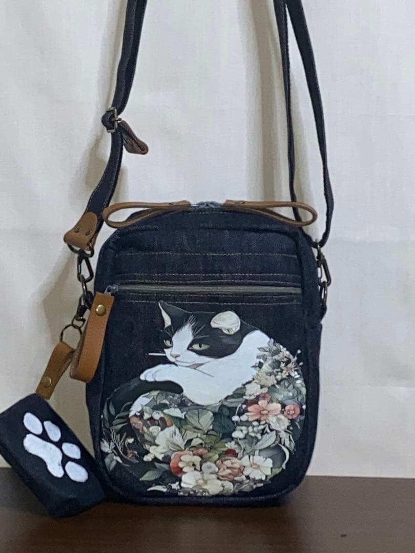 ハンドメイド☆岡山デニム♪ハチワレ☆黒ネコ☆ショルダーバッグ
