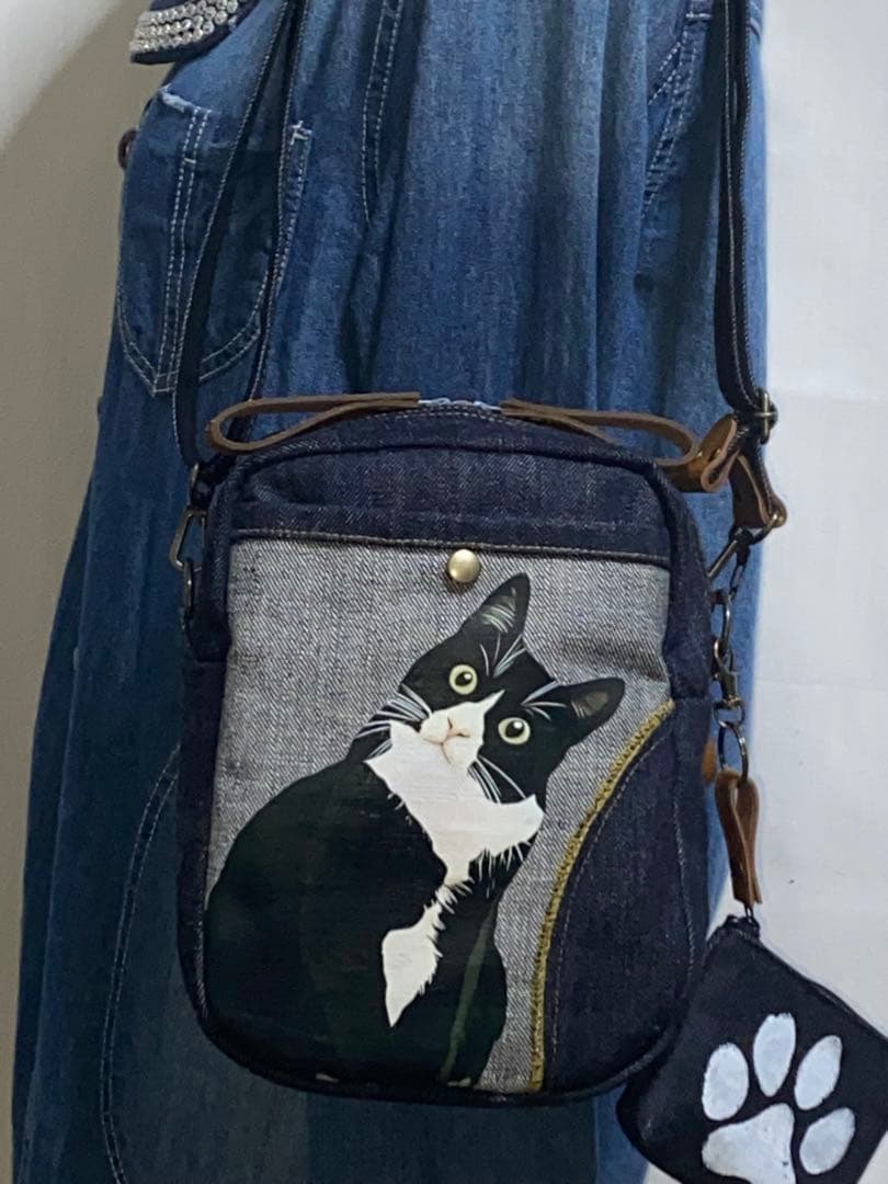 ハンドメイド☆岡山デニム♪ハチワレ☆黒ネコ☆ショルダーバッグ