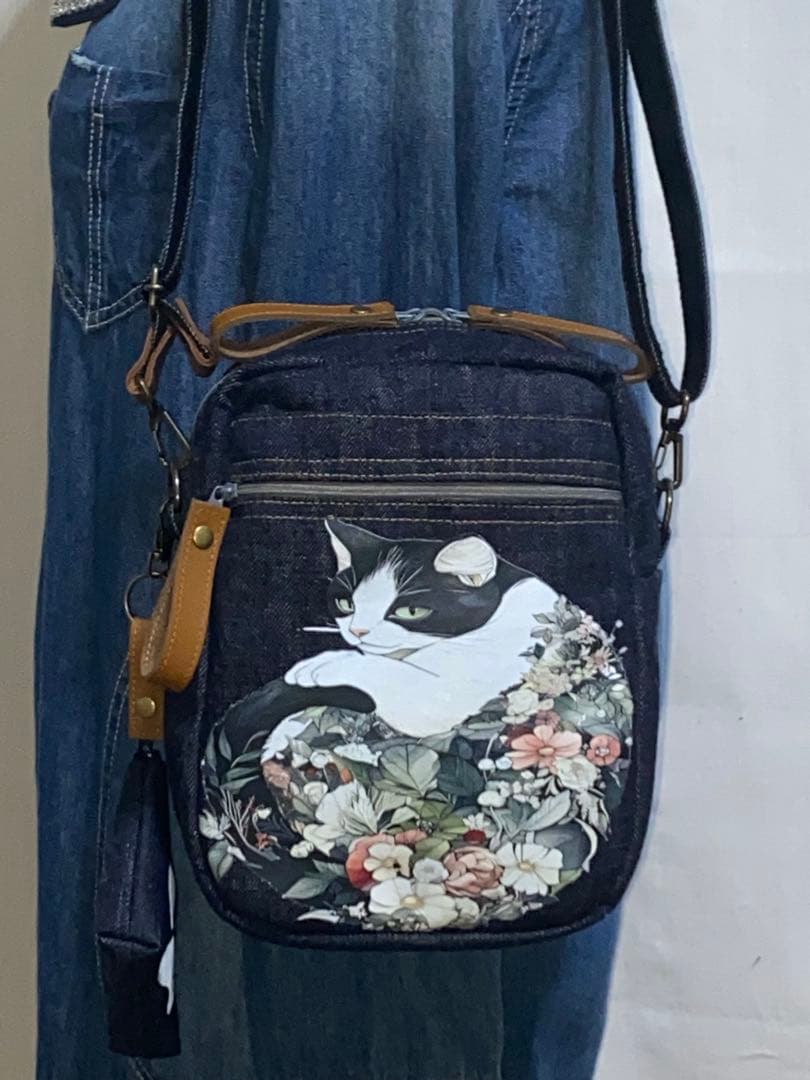 ハンドメイド☆岡山デニム♪ハチワレ☆黒ネコ☆ショルダーバッグ