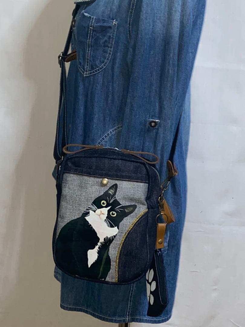 ハンドメイド☆岡山デニム♪ハチワレ☆黒ネコ☆ショルダーバッグ