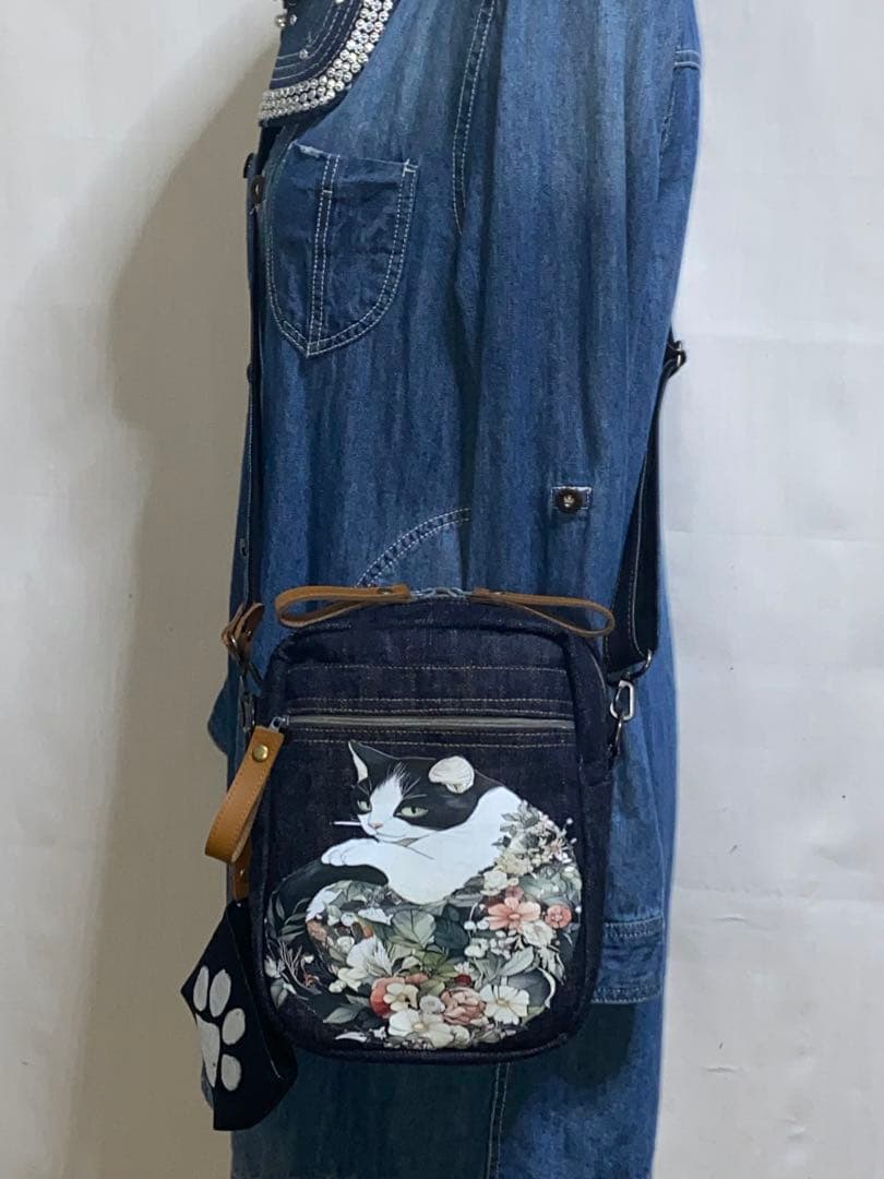 ハンドメイド☆岡山デニム♪ハチワレ☆黒ネコ☆ショルダーバッグ