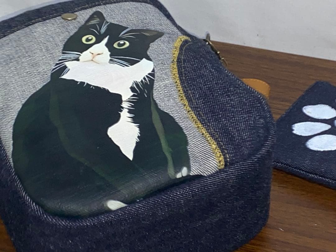 ハンドメイド☆岡山デニム♪ハチワレ☆黒ネコ☆ショルダーバッグ