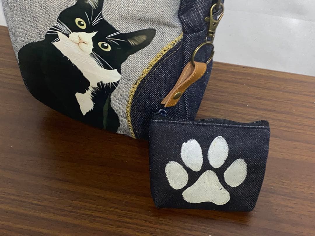 ハンドメイド☆岡山デニム♪ハチワレ☆黒ネコ☆ショルダーバッグ