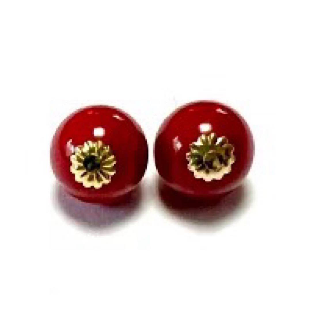 【Rtav】特価 K18 赤珊瑚 10mm・淡水真珠 チェーンフックピアス