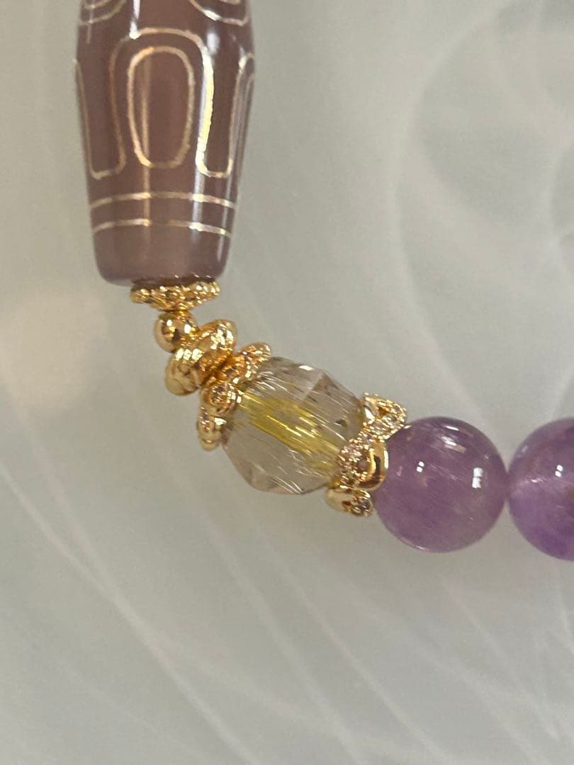 瑪瑙銀線亀甲天珠、ゴールドルチル、エレスチャルアメジスト、水晶のブレスレット