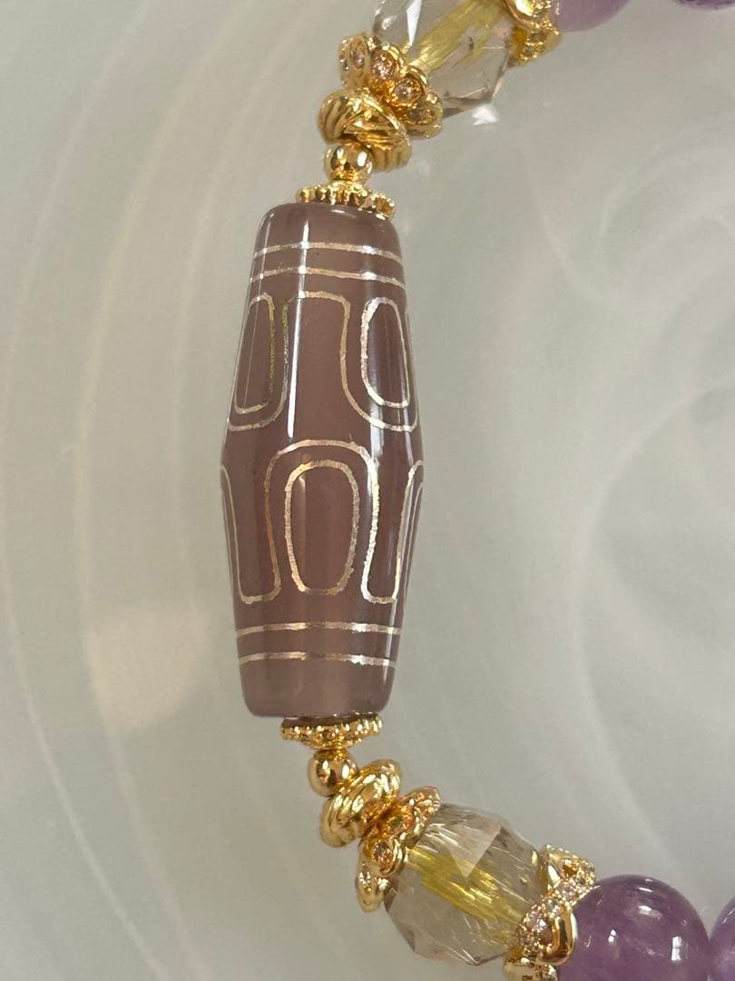 瑪瑙銀線亀甲天珠、ゴールドルチル、エレスチャルアメジスト、水晶のブレスレット
