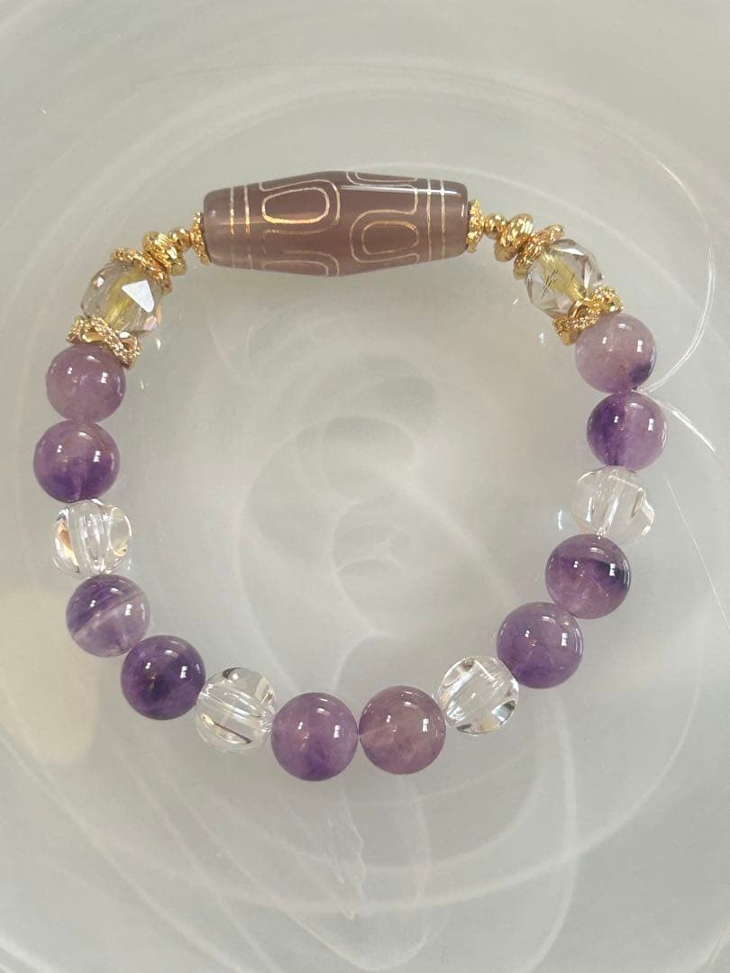 瑪瑙銀線亀甲天珠、ゴールドルチル、エレスチャルアメジスト、水晶のブレスレット