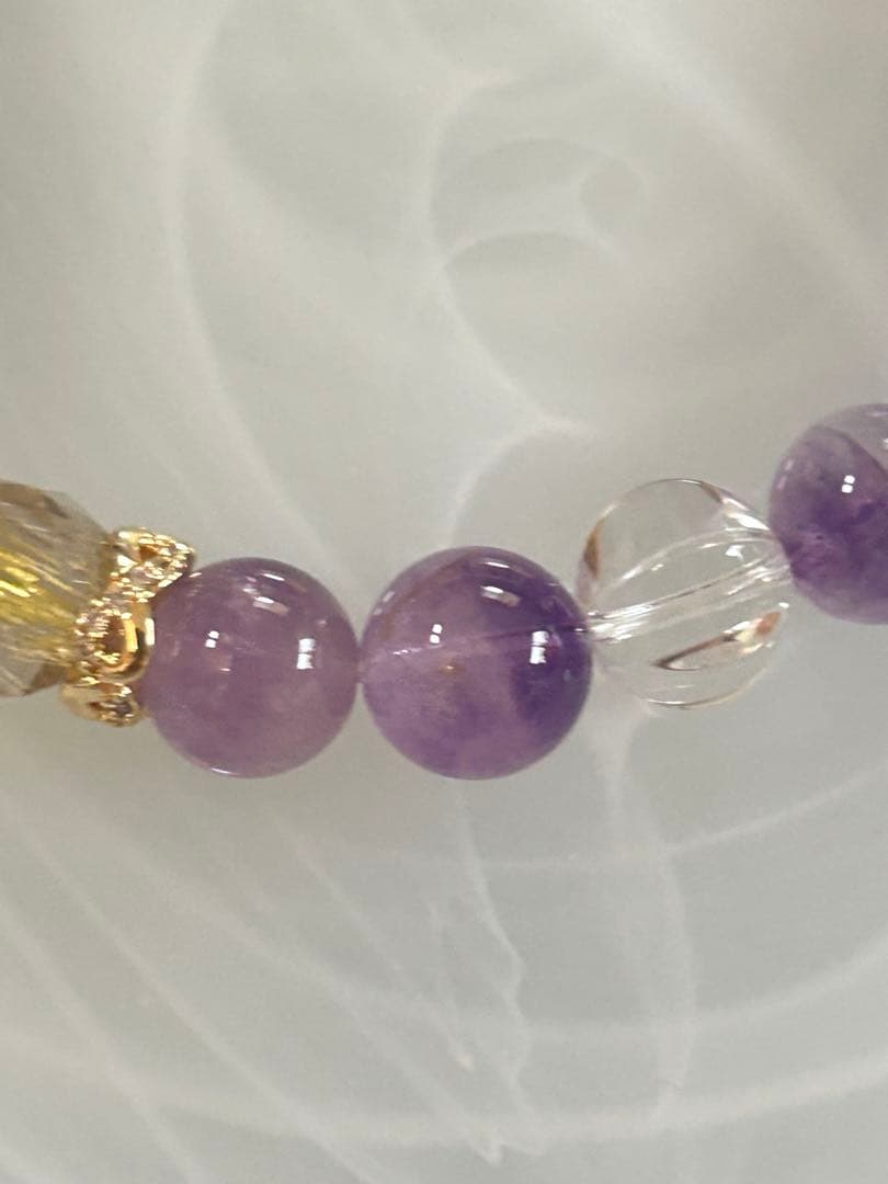 瑪瑙銀線亀甲天珠、ゴールドルチル、エレスチャルアメジスト、水晶のブレスレット