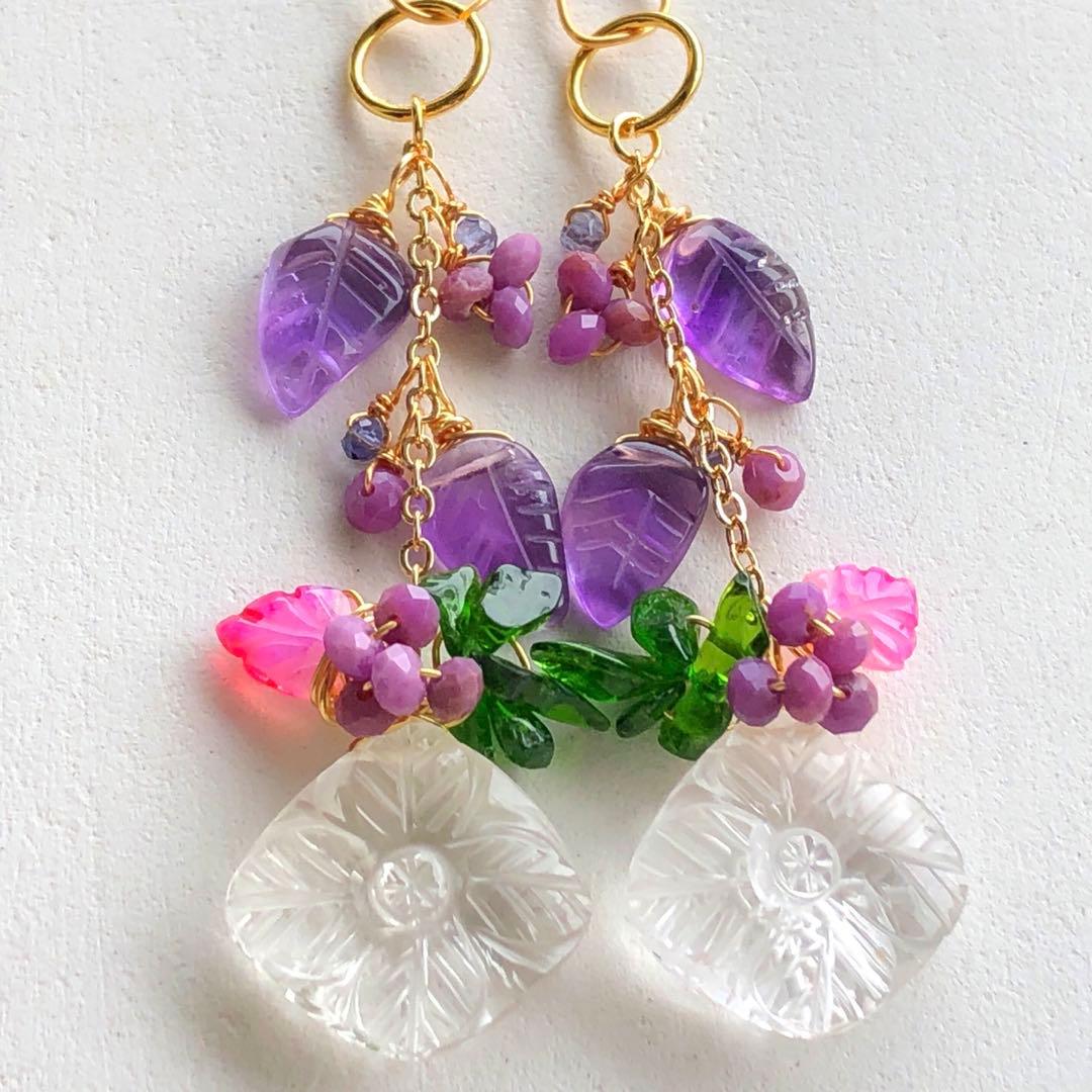 天然石♡フラワーカービング×リーフのピアス14kgf