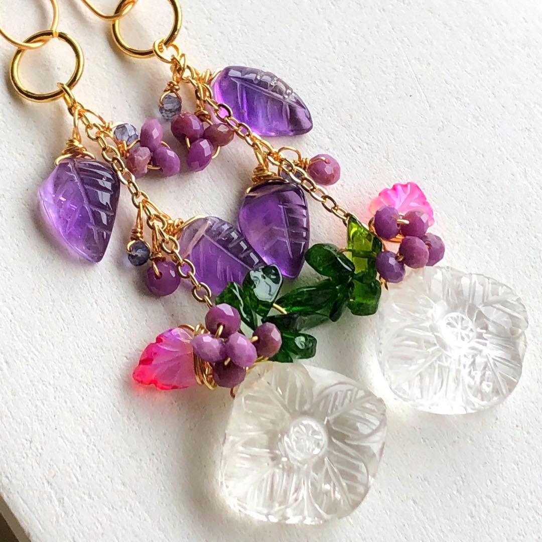 天然石♡フラワーカービング×リーフのピアス14kgf