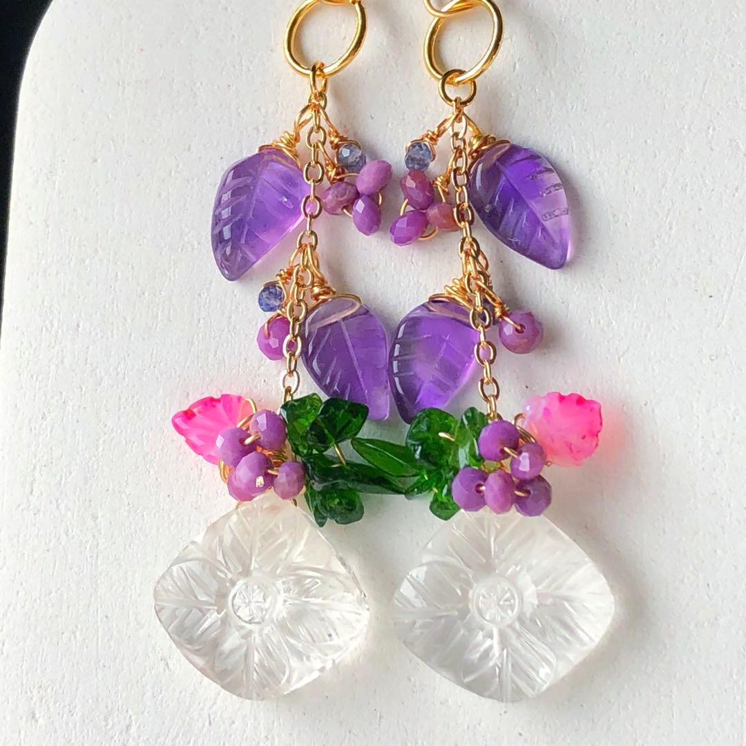 天然石♡フラワーカービング×リーフのピアス14kgf