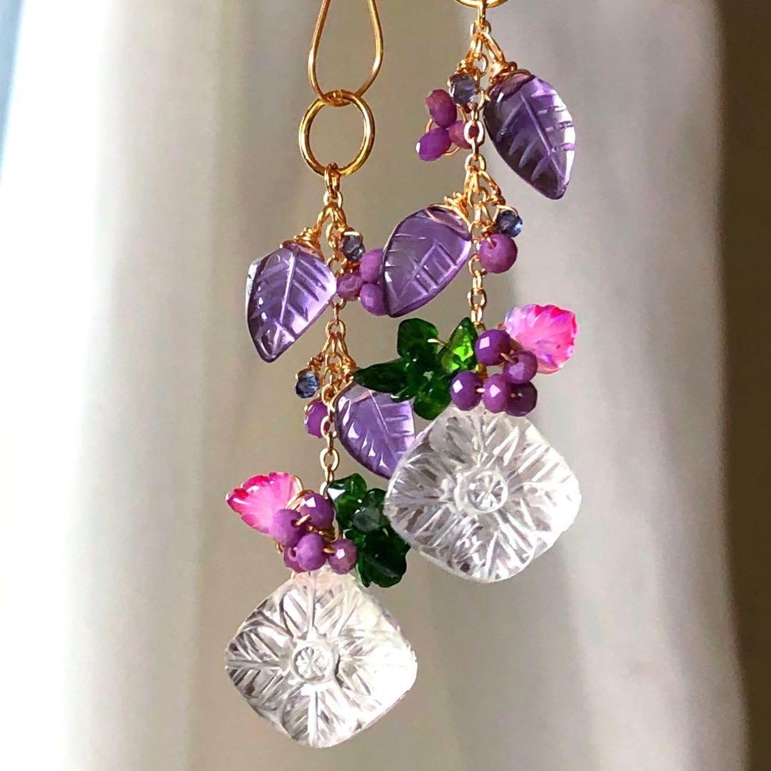 天然石♡フラワーカービング×リーフのピアス14kgf