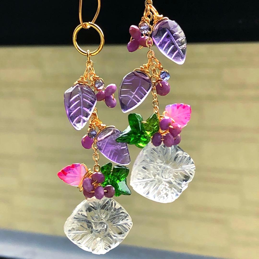 天然石♡フラワーカービング×リーフのピアス14kgf