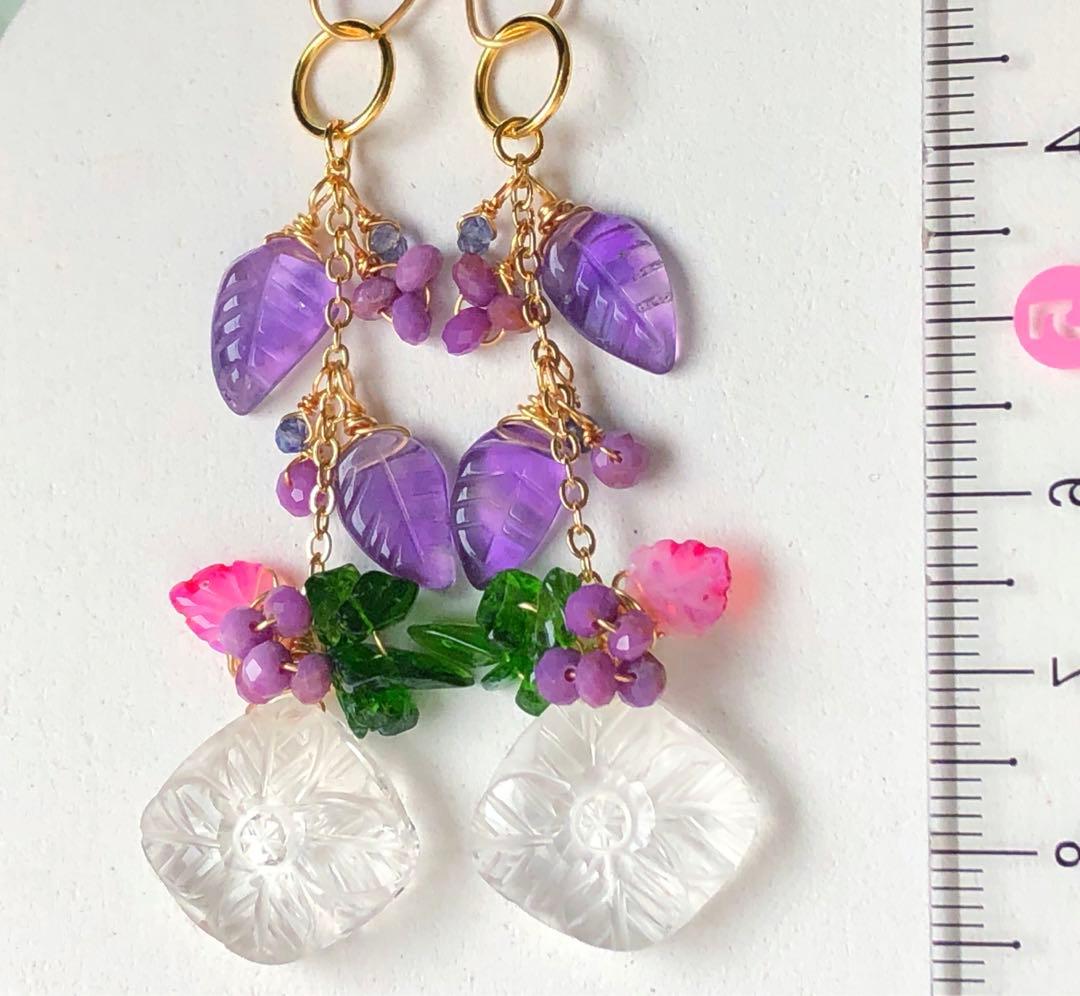 天然石♡フラワーカービング×リーフのピアス14kgf