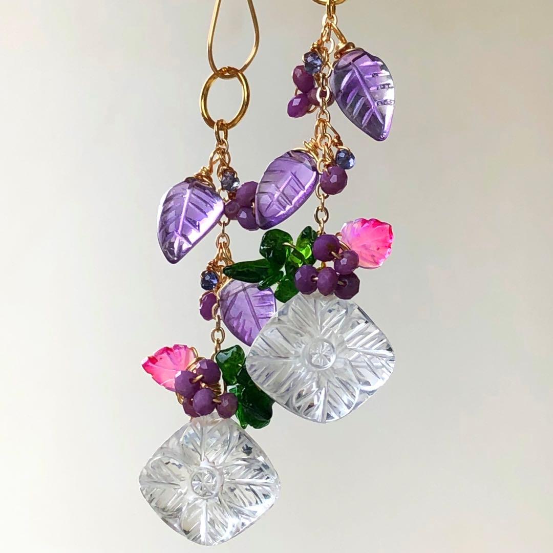 天然石♡フラワーカービング×リーフのピアス14kgf