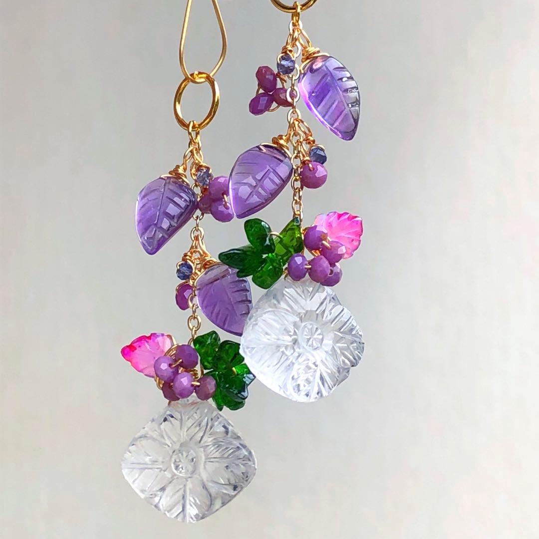 天然石♡フラワーカービング×リーフのピアス14kgf