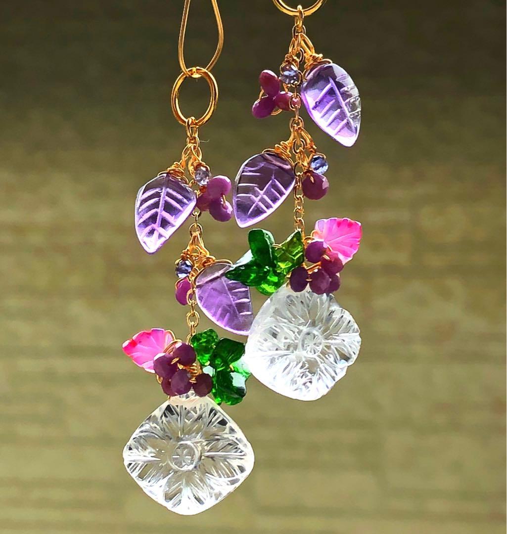 天然石♡フラワーカービング×リーフのピアス14kgf
