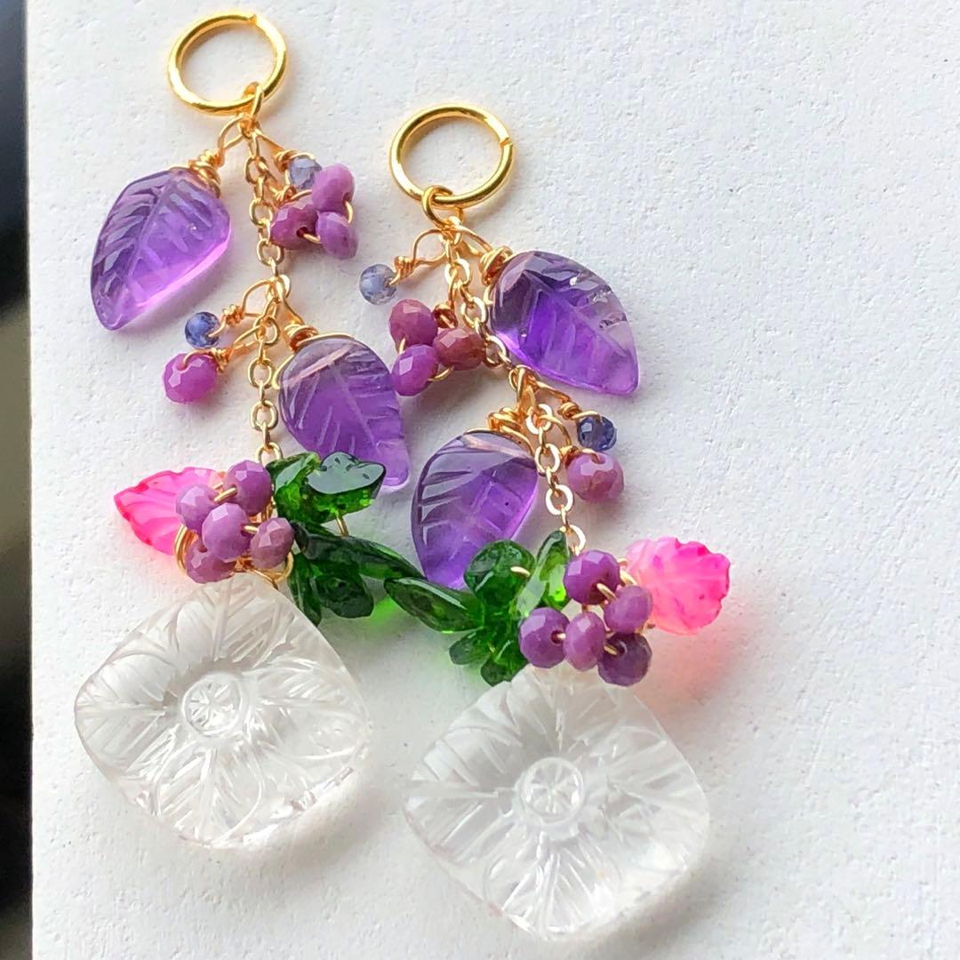 天然石♡フラワーカービング×リーフのピアス14kgf