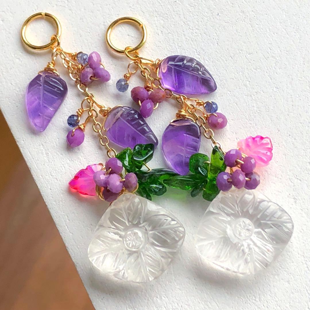 天然石♡フラワーカービング×リーフのピアス14kgf
