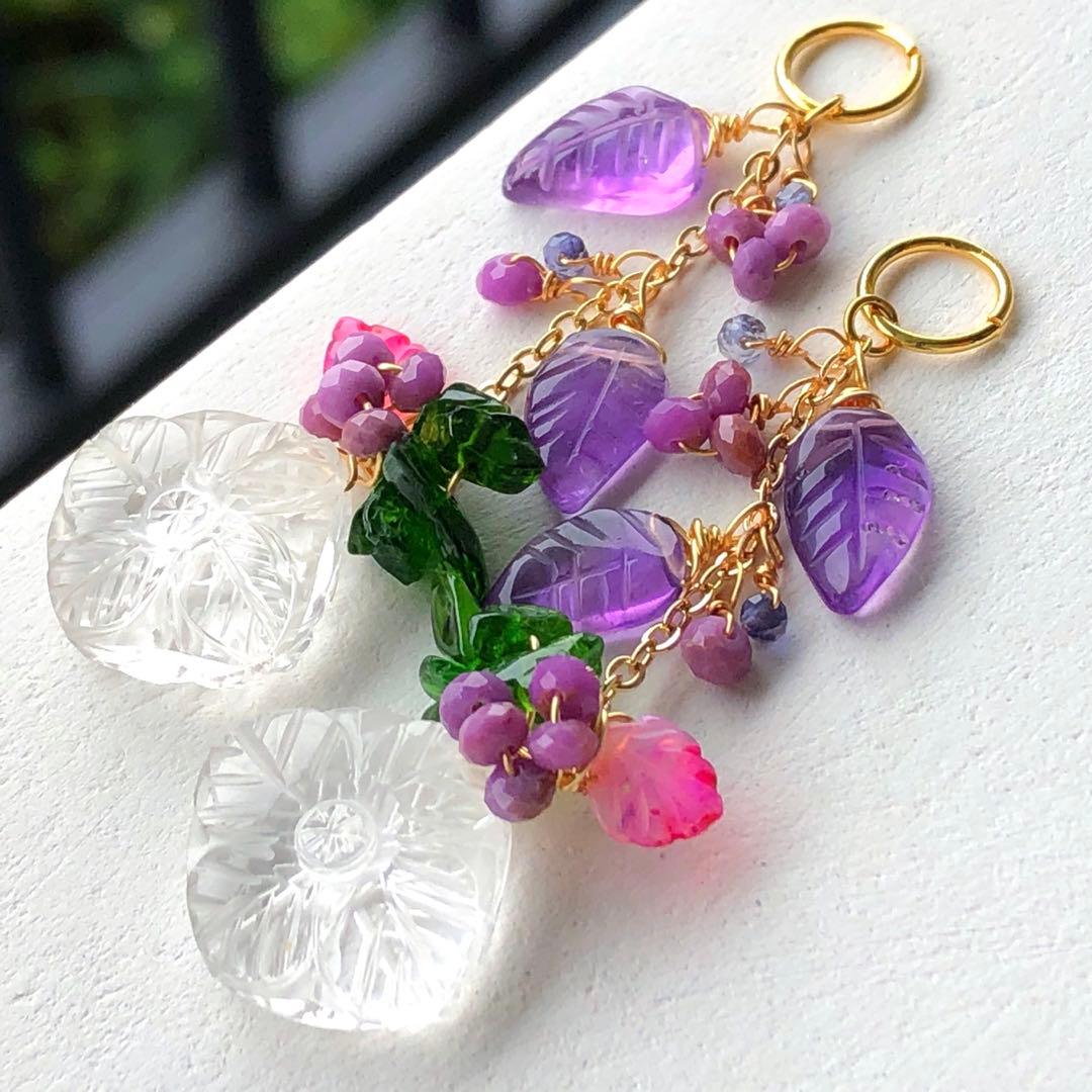 天然石♡フラワーカービング×リーフのピアス14kgf