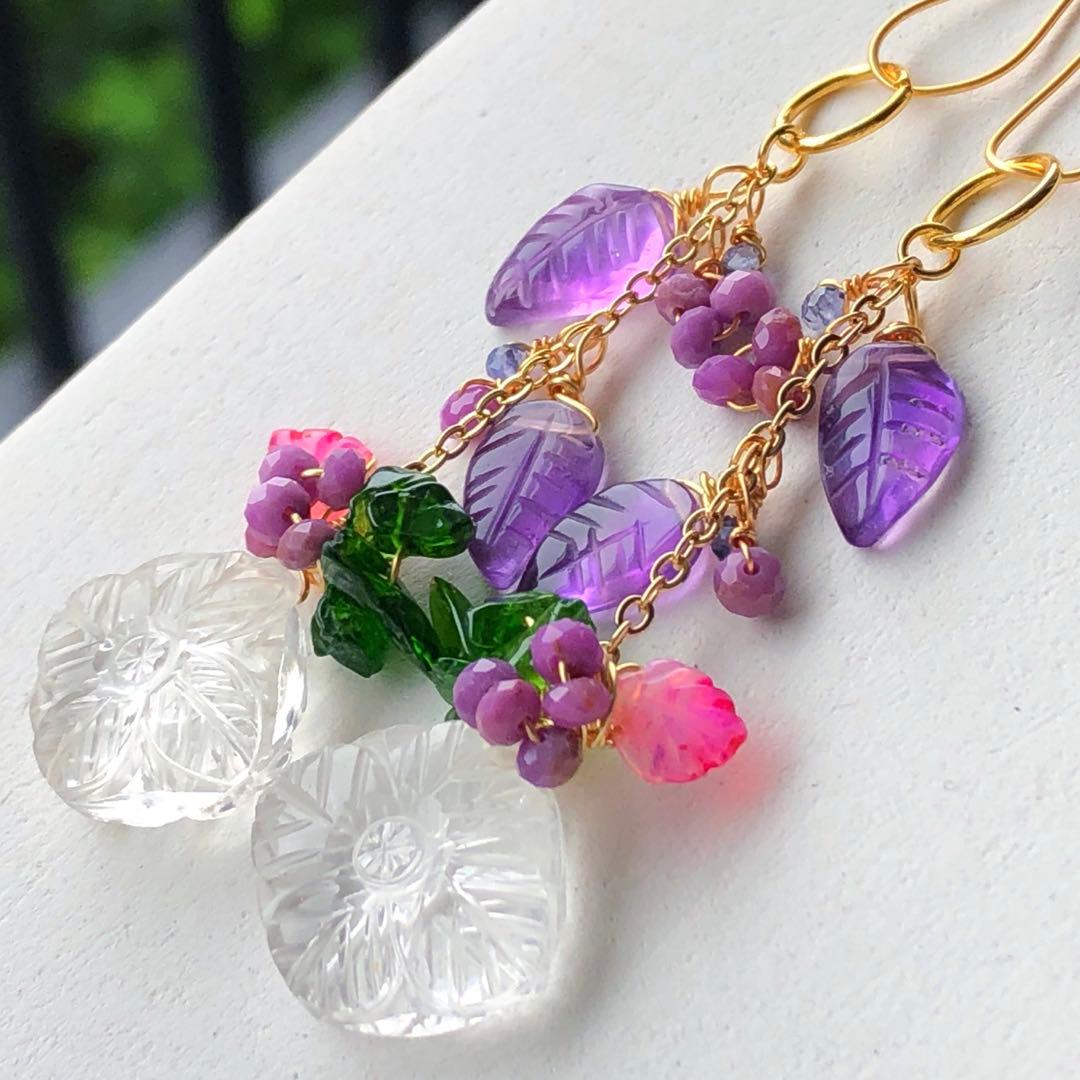 天然石♡フラワーカービング×リーフのピアス14kgf