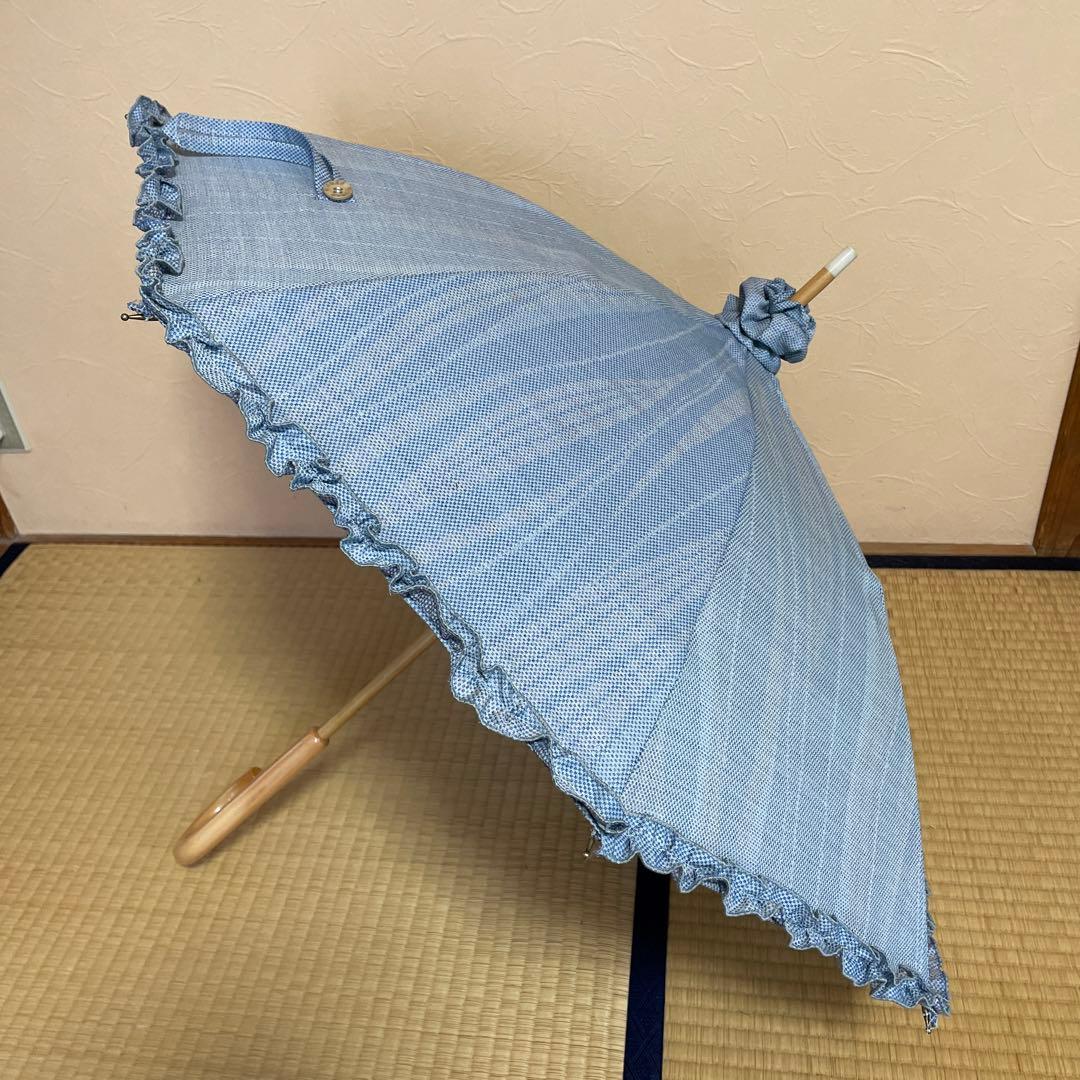 ハンドメイド　日傘　木綿　ブルー系　ロマンチックチェック柄