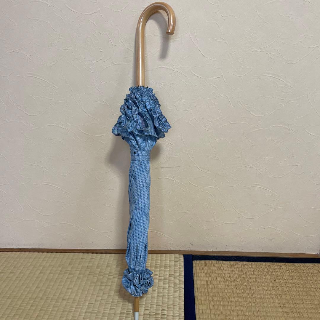 ハンドメイド　日傘　木綿　ブルー系　ロマンチックチェック柄