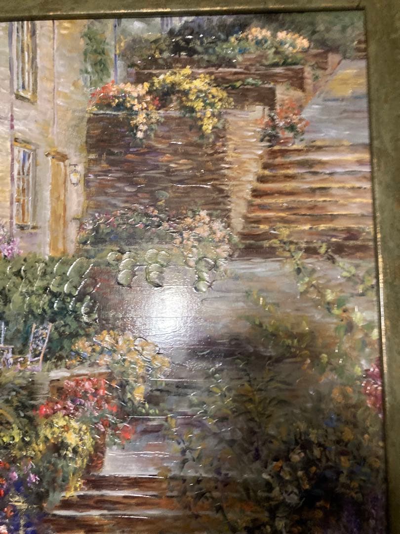 処分価格 ロンゴ パティオガーデン風景 油彩画 階段と花壇