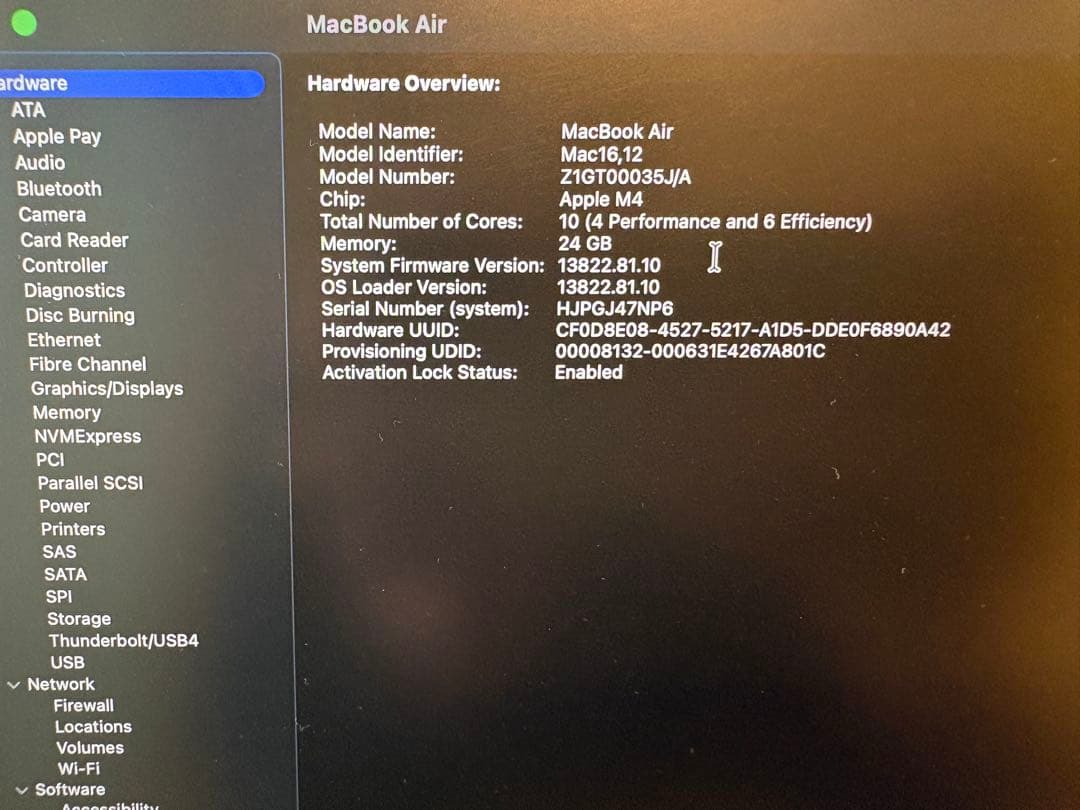 m4 MacBook Air、24GB、スターライト、USキーボード