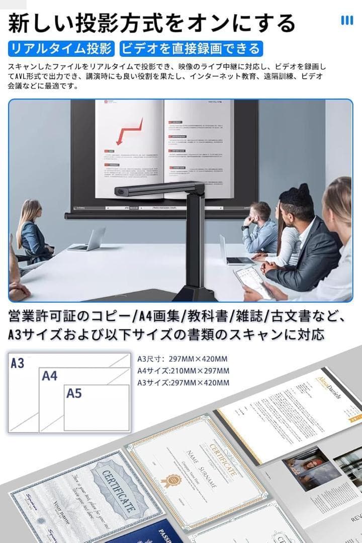 ドキュメントスキャナー ブックスキャナー 2400万画素 A3サイズ対 スキャン