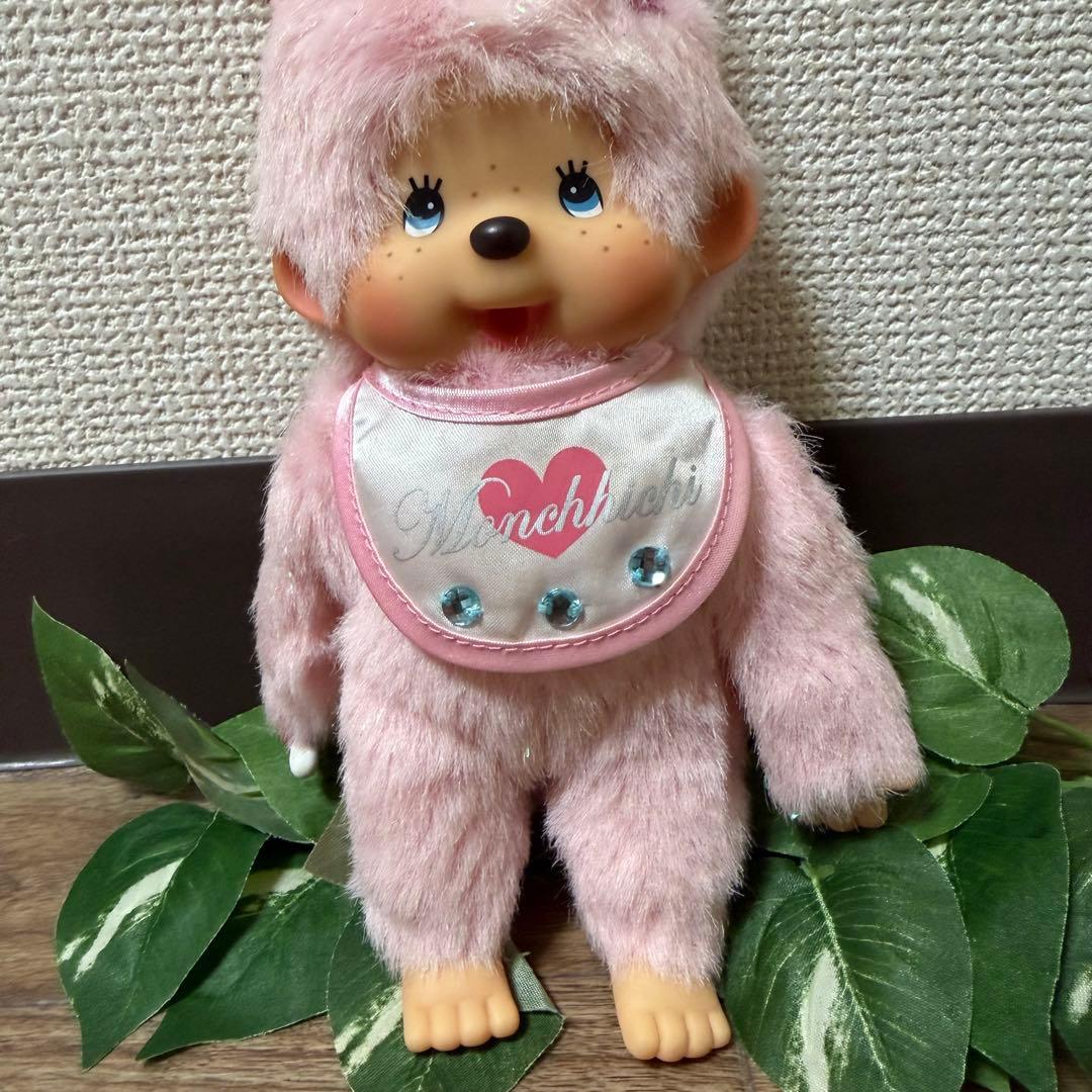 希少　モンチッチ ぬいぐるみうさぎバニーラメ入りピンクキーホルダー