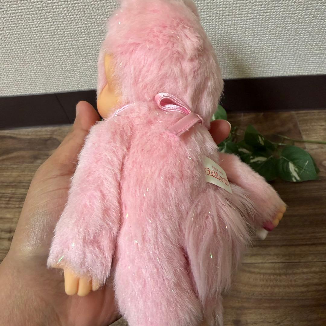 希少　モンチッチ ぬいぐるみうさぎバニーラメ入りピンクキーホルダー