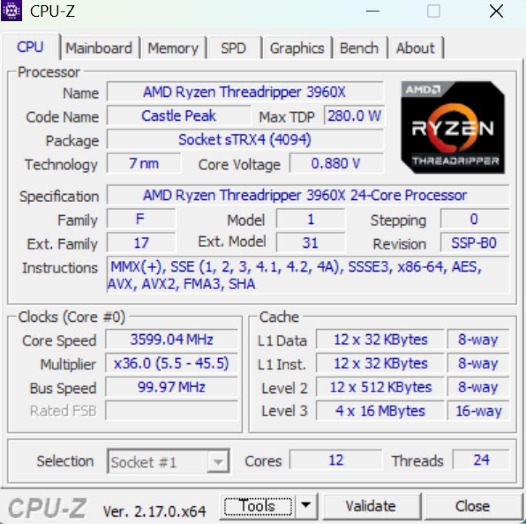 AMD Threadripper 3960x + trx40動作確認済み