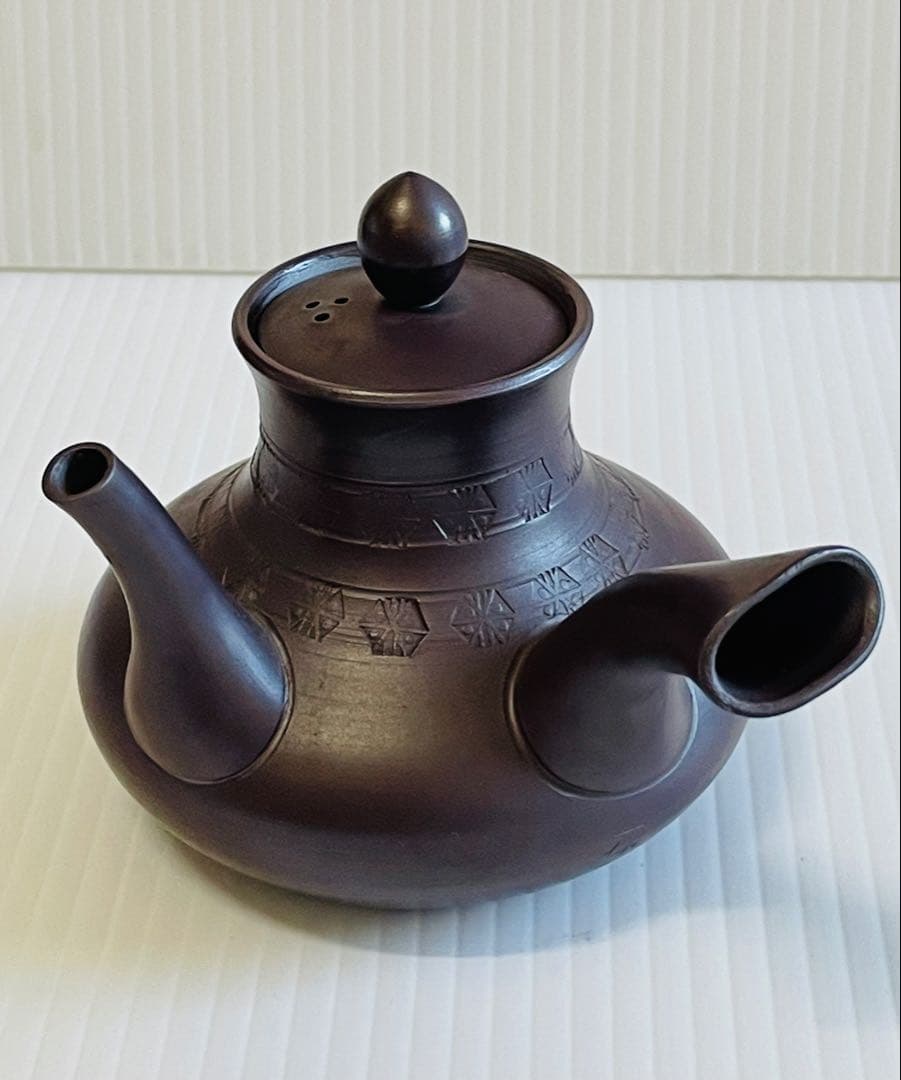 未使用品萬古焼　天王寺印花急須　一休作